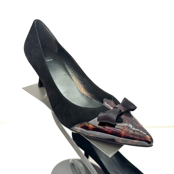 Stuart Weitzman Black Suede Tortoise Shell Satin Bow Heels Size 9.5 - Picture 1 of 9